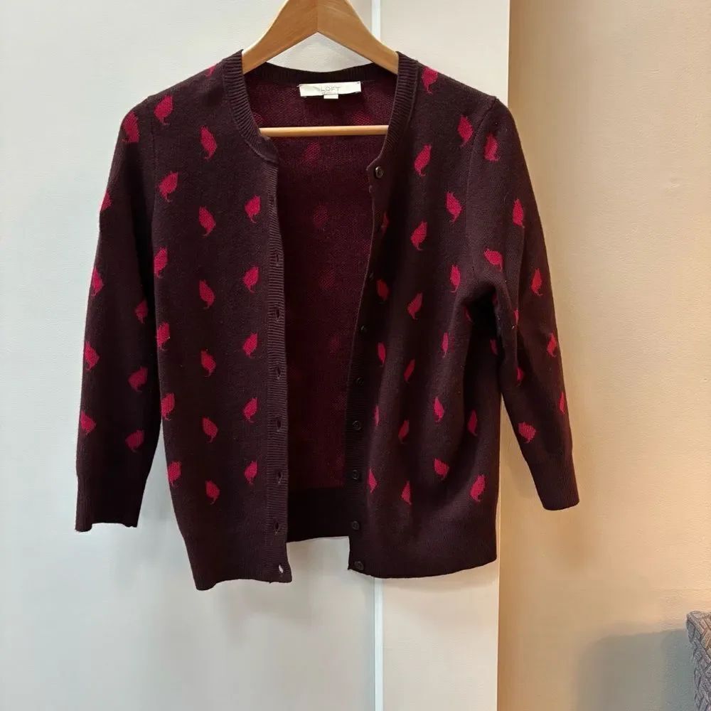 Loft Women's maroon and Pink cat cardigan Size S